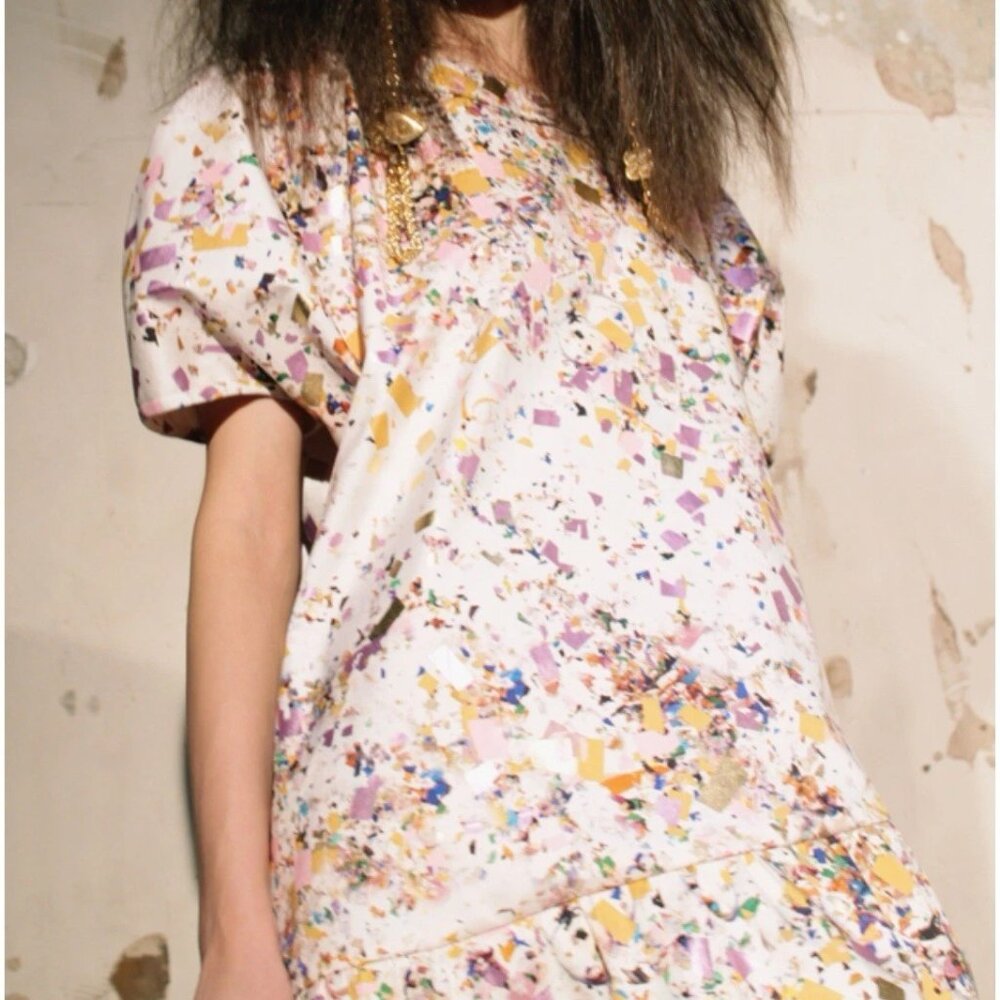 CYNTHIA ROWLEY Cream Splash Art Silk Flounce Dress Sz 0 NWOT